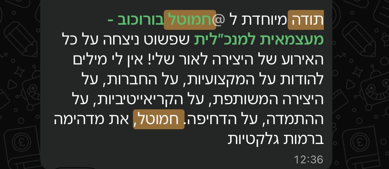 צילום מסך של הודעת וואטסאפ מלקוחה עם משוב על העבודה עם חמוטל